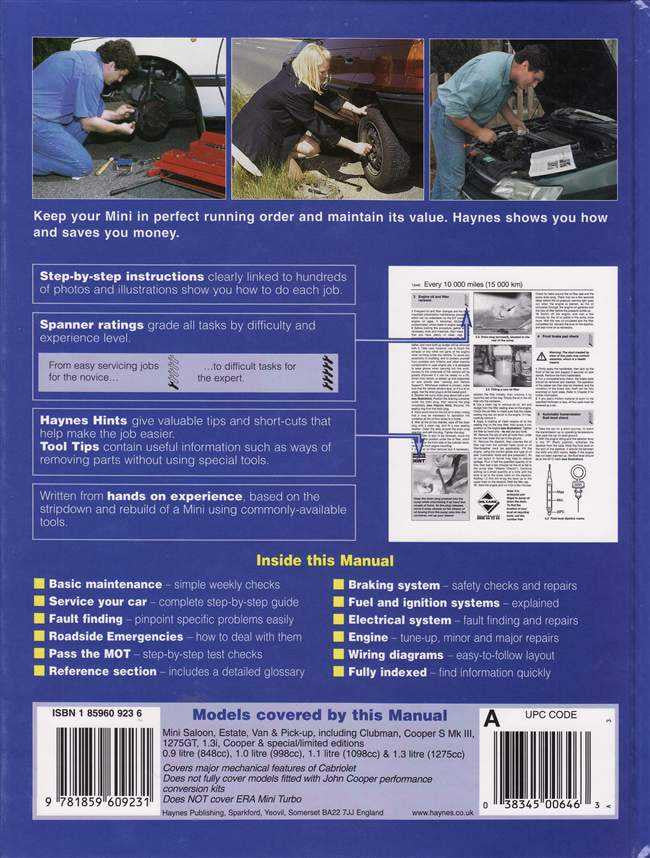 Haynes Mini workshop manual back cover with diagrams and barcode