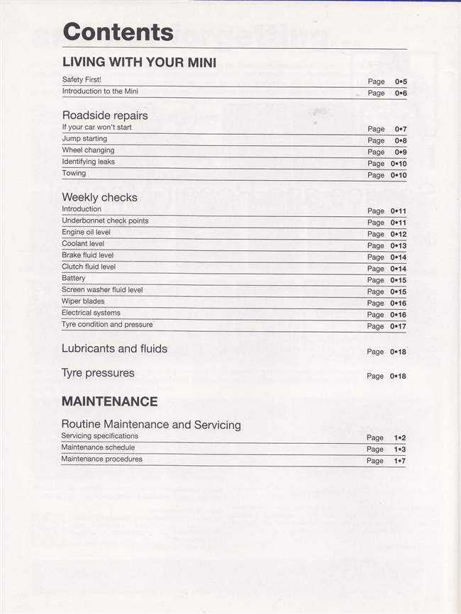 Mini workshop manual contents page with Living with Your Mini and Maintenance sections