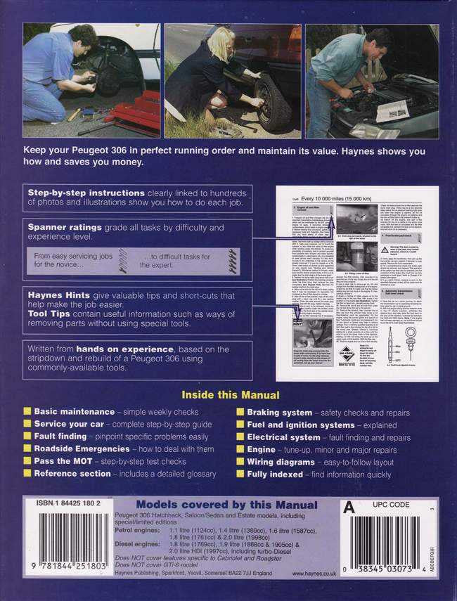 Automotive workshop manual with troubleshooting and maintenance highlights for Peugeot 306