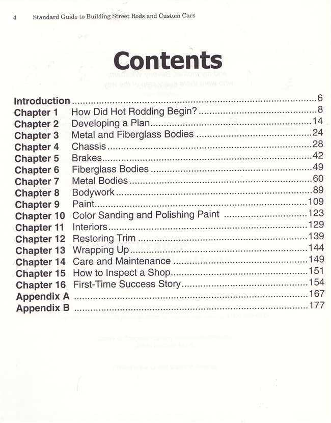 Guidebook contents page listing chapters on building street rods and custom cars