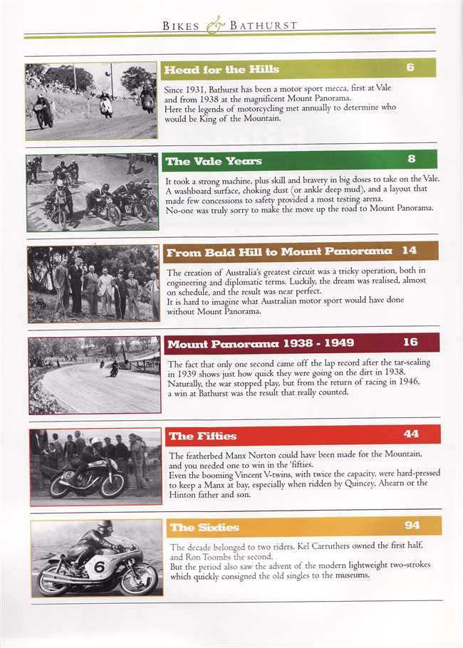 Racing history book page layout with black-and-white photos and section headings
