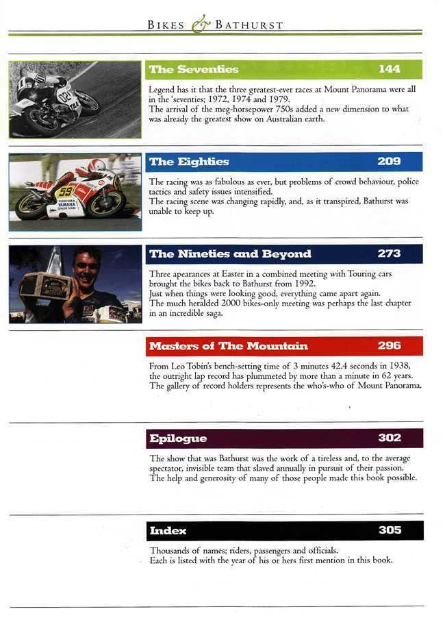 Racing history book page with racing photos, colored chapter blocks, and chapter numbers
