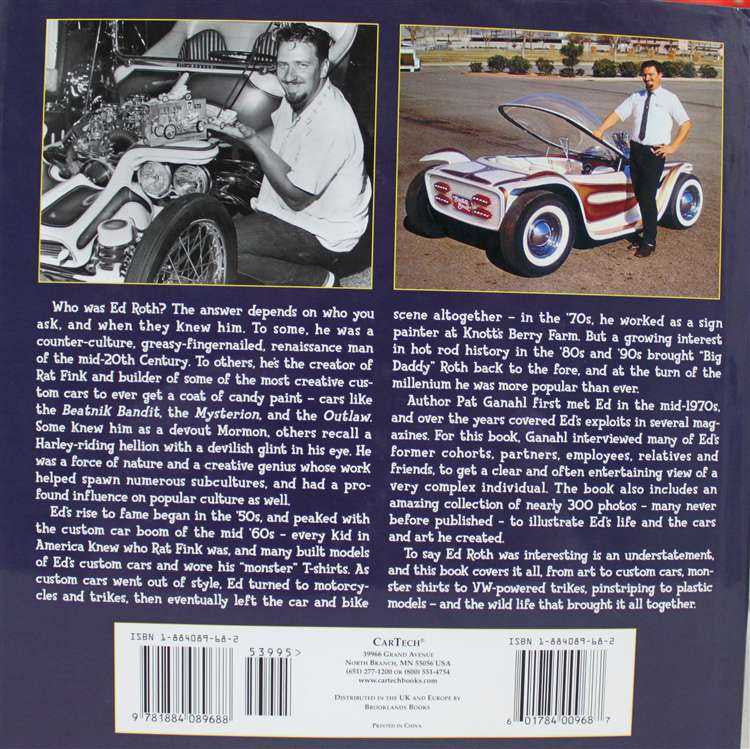 Book back cover with vintage car photo collage, text paragraphs, and barcode blocks