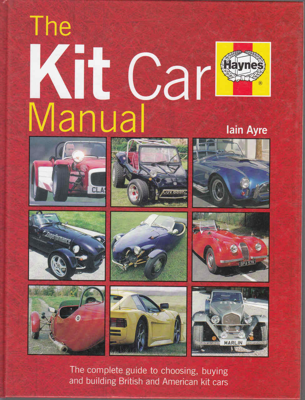 Kit car manual cover with title, author name, and nine car photo panels