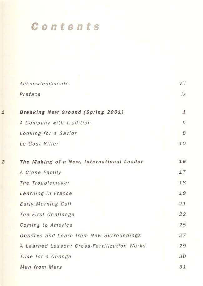 Book contents page with section headings and page numbers