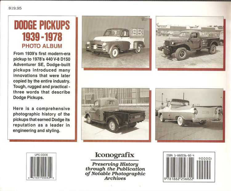 Dodge pickup photo album back cover with vintage truck photos and barcode
