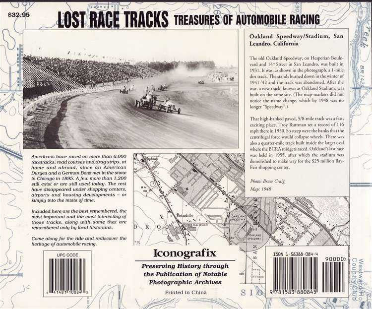 Book back cover with race track map, text blocks, and publishing information
