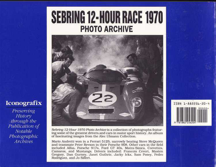 Photo archive book back cover with race details, Iconografix logo, and barcode