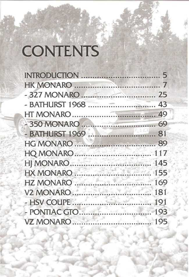 Book contents page listing chapters for HK, 327 Monaro, Bathurst 1968, and more