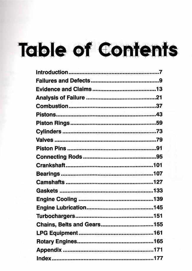 Book table of contents page listing engine components and chapters