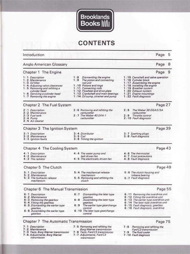 Workshop manual contents page with chapter list and page numbers for engine and ignition