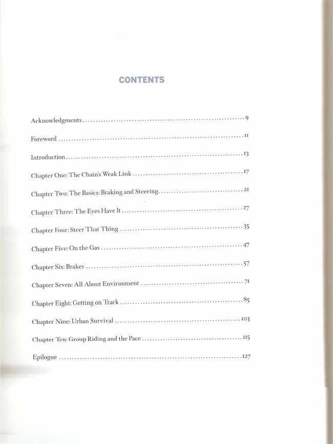 Book contents page with section titles and page numbers in a lined layout