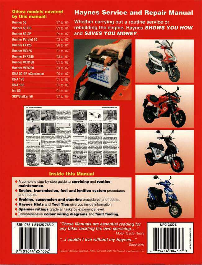 Haynes service and repair manual cover for Gilera Runner scooter, with scooter photos