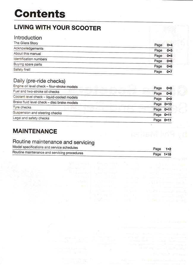 Scooter repair manual contents page listing living with your scooter and routine maintenance