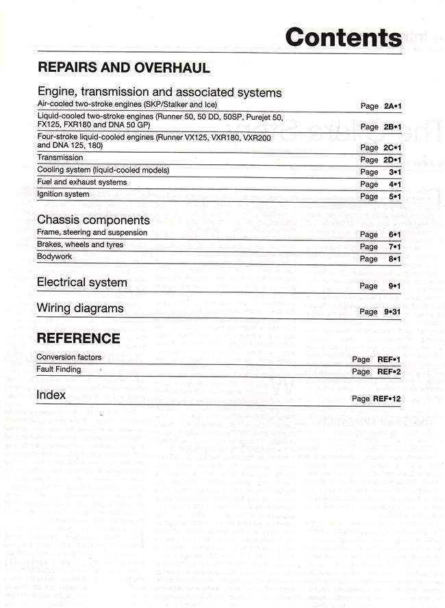 Scooter repair manual contents page listing repairs, electrical system, and wiring diagrams