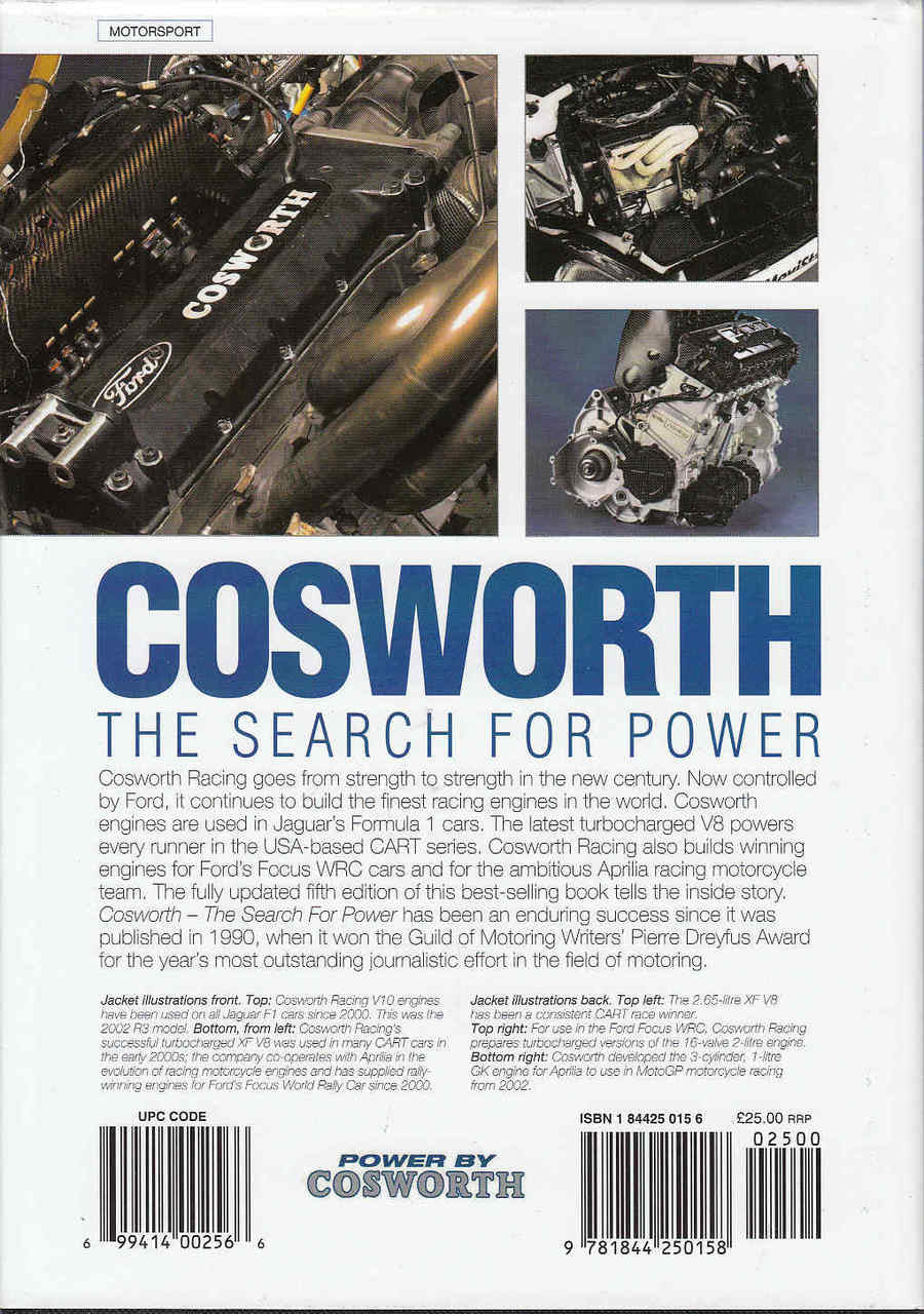 Motorsport book cover with engine photos and back-cover description