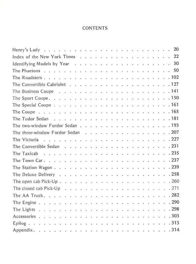 Book contents page with section headings and page numbers.