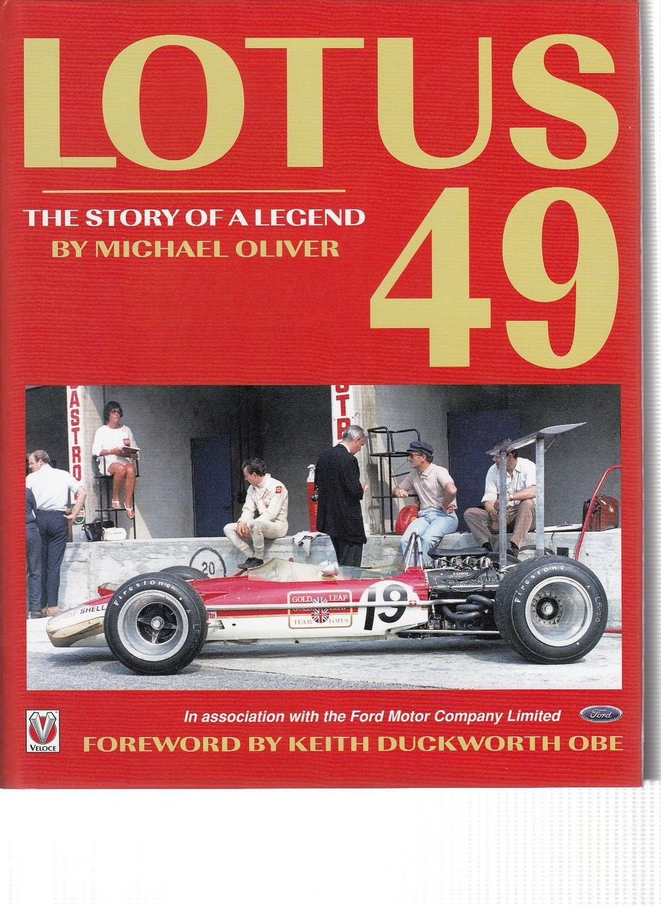 Motorsport book cover with large LOTUS 49 title and vintage race car photo.