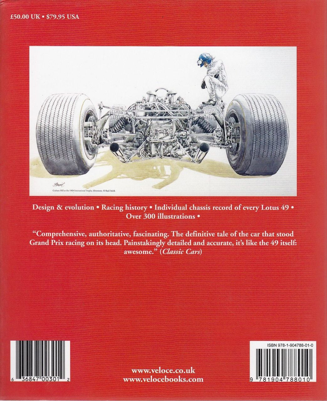 Motorsport book with red cover, race car illustration and barcode panels.