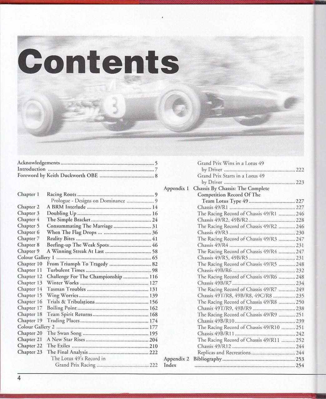 Motorsport book: Contents page with chapter list and page numbers.