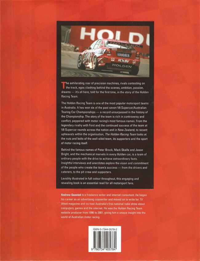 Motorsport team book back cover with photo, text block, and barcode