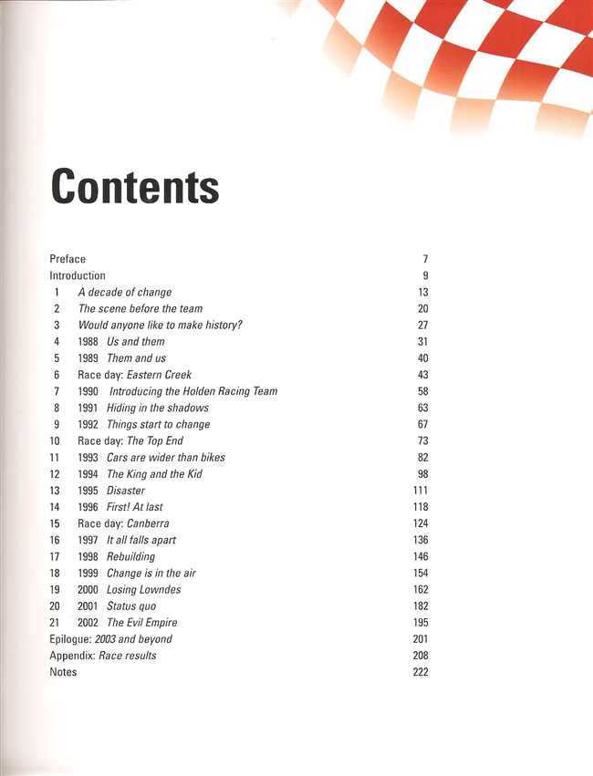 Motorsport team book contents page with section list and page numbers