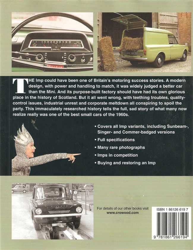 IMP car history book cover with car photos, feature list, and barcode