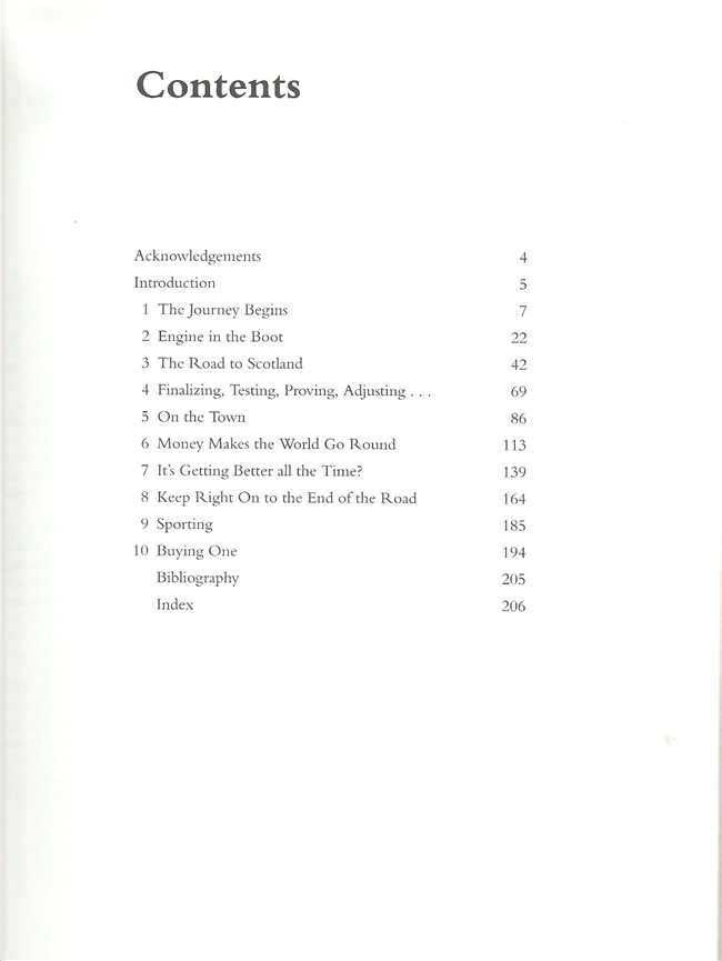 IMP car history book contents page with section headings and page numbers