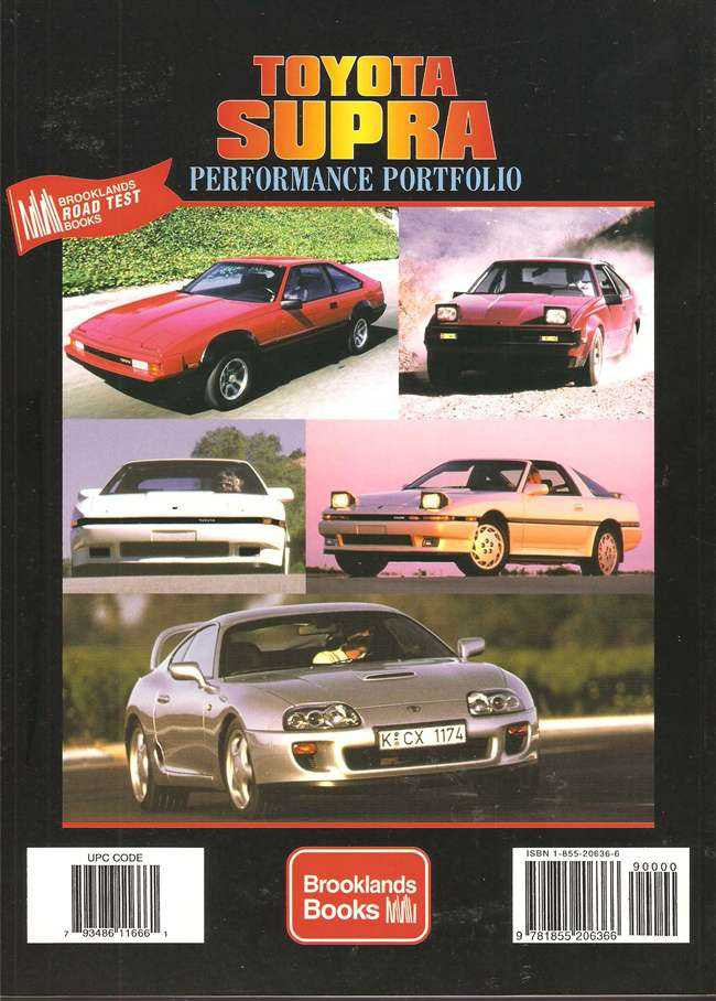 Toyota Supra performance portfolio book back with four car photos and Brooklands Books logo