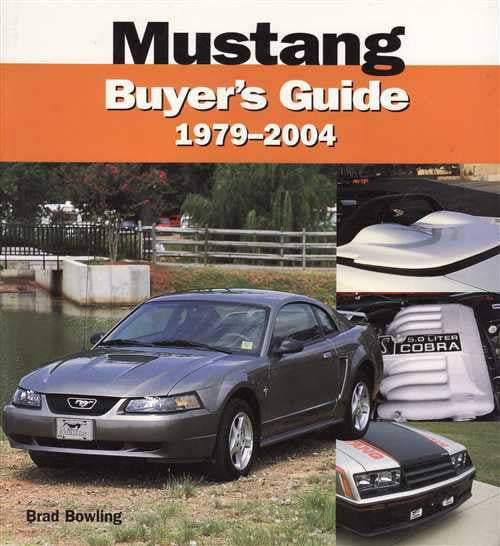 Mustang buyer's guide book cover with black coupe photo and engine detail