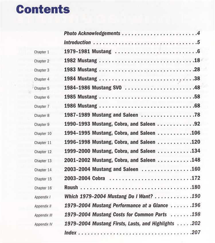Automotive guide contents page with chapter list from 1979–2004