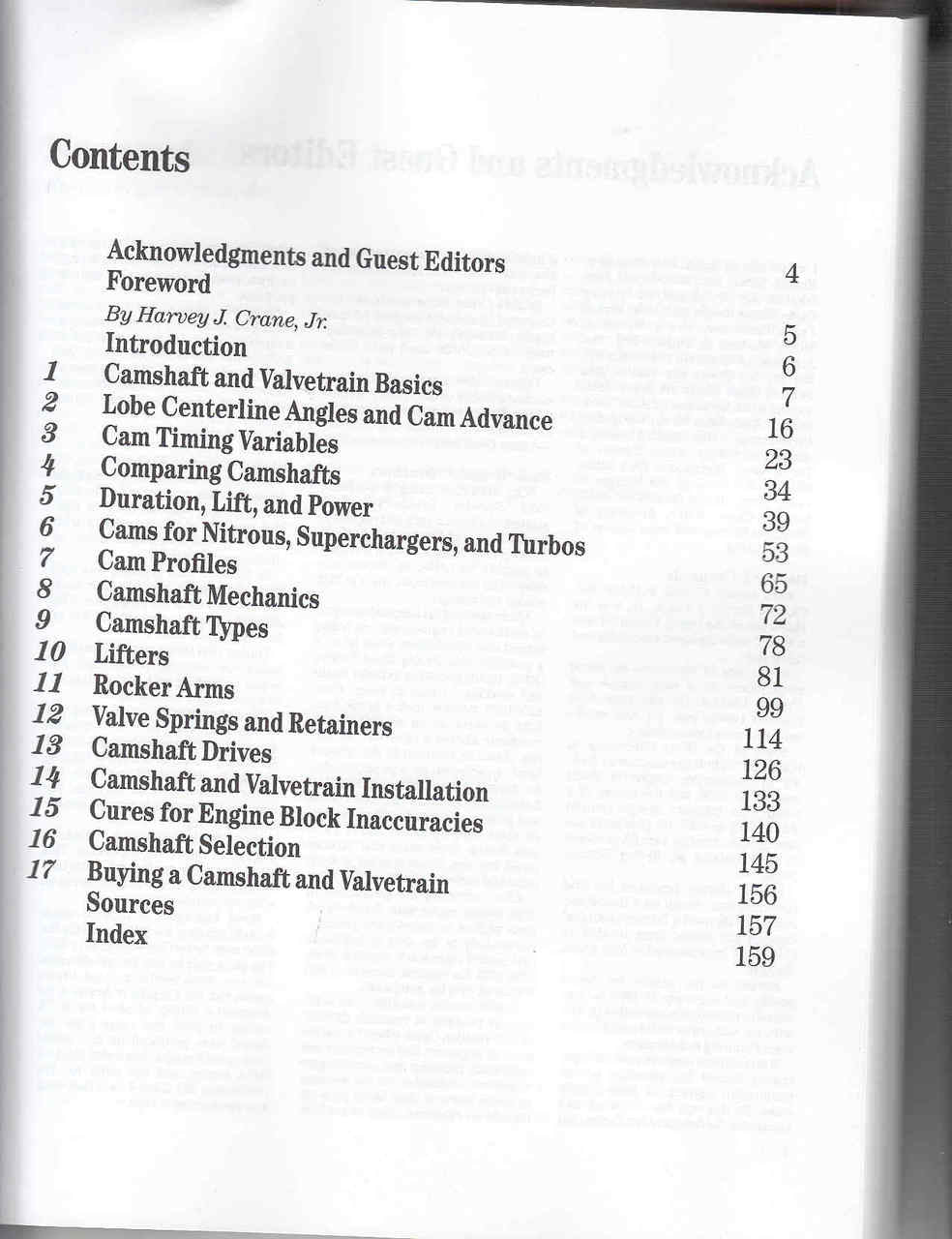 Book page showing contents list for camshafts and valvetrains guide