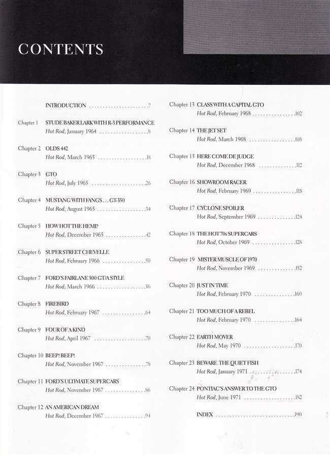 Hot Rod Muscle Car Files book contents page with chapter list and index