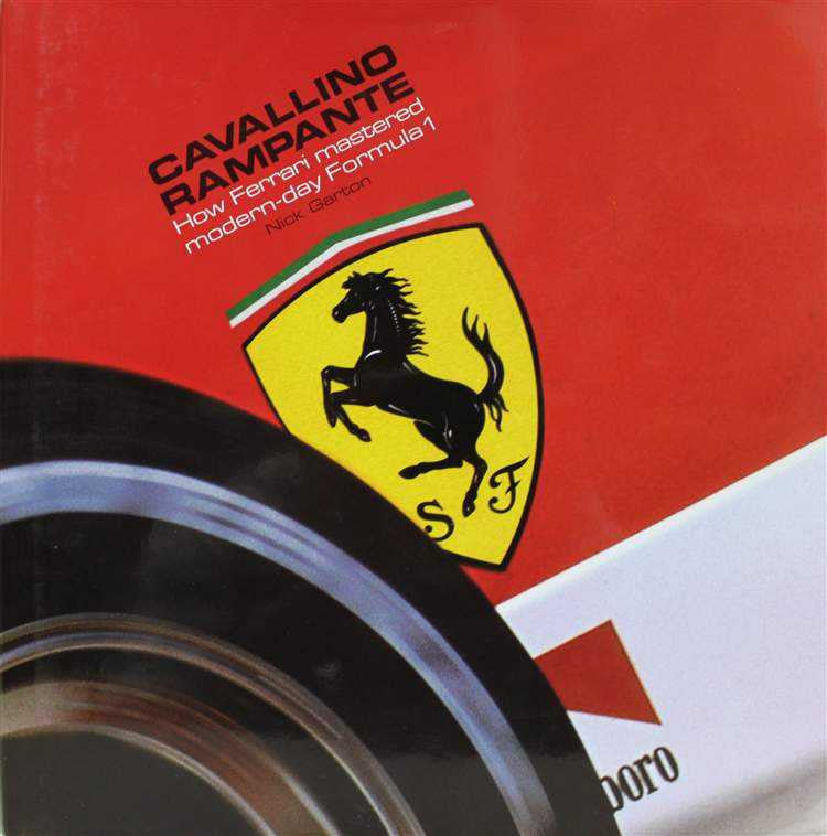 Motorsport book cover with red design, Ferrari shield logo, and racing tire graphic