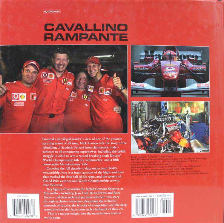 Motorsport paperback back cover with red racing team photo collage and barcodes