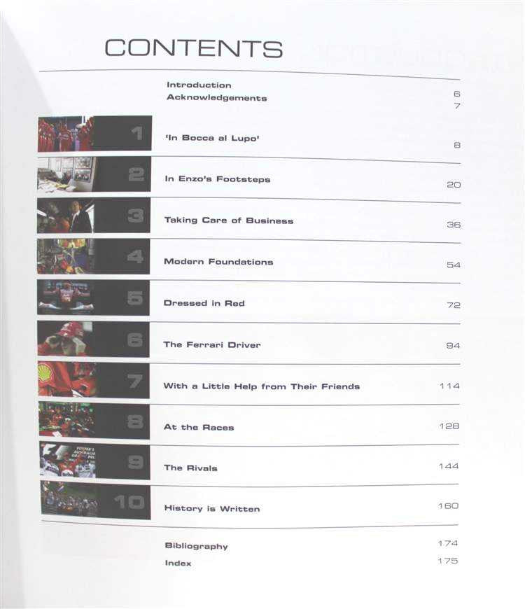 Motorsport book contents page with numbered chapter list on white background