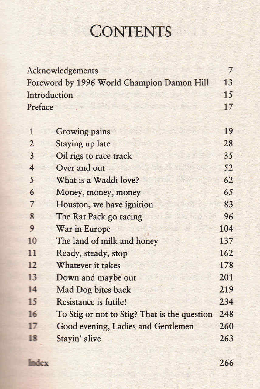 Motorsport book contents page with chapter list and page numbers
