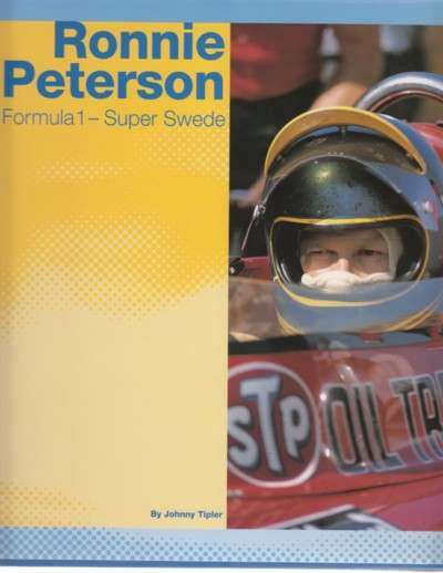 Motorsport book cover with Ronnie Peterson text and helmeted driver in race car