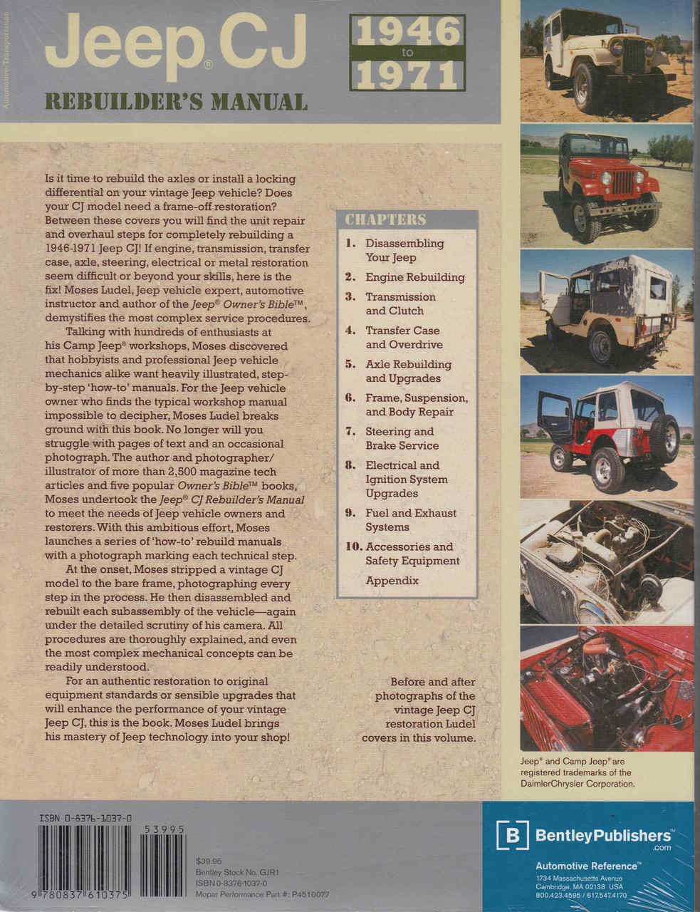 Jeep CJ 1946–1971 rebuilder's manual, back cover with chapters list
