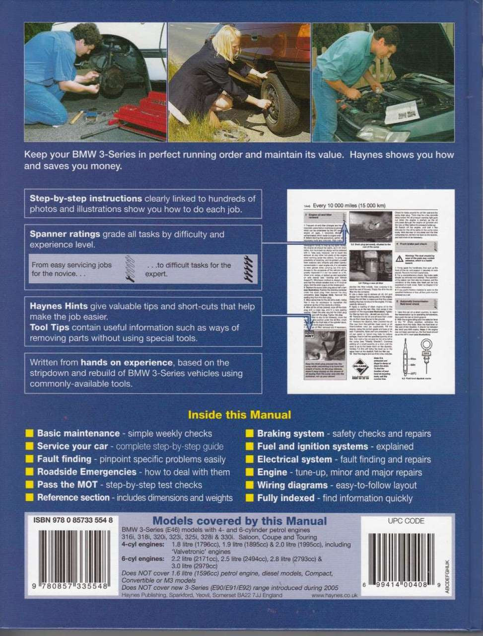 BMW 3-Series workshop manual back cover with contents charts and model details