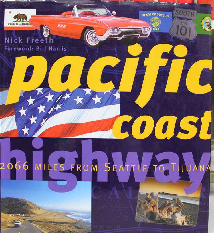 Travel guide book front cover with orange car, large yellow pacific coast text, and highway