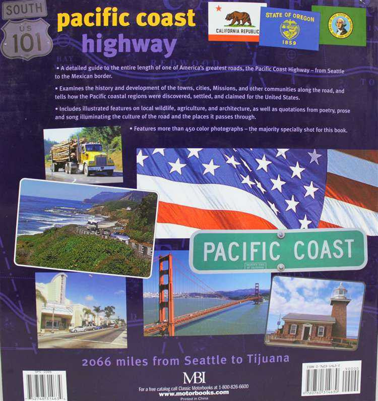Travel guide book cover with U.S. flag, Pacific Coast Highway text, and route photos