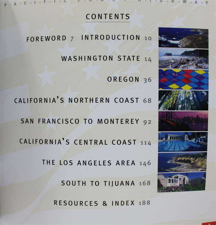 Travel guide book back cover showing contents headings and stacked coastal photo panels