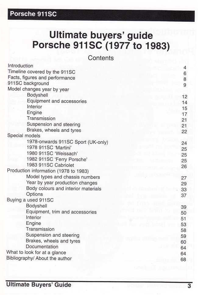 Automotive buyers guide book contents page for Porsche 911SC (1977 to 1983), section list