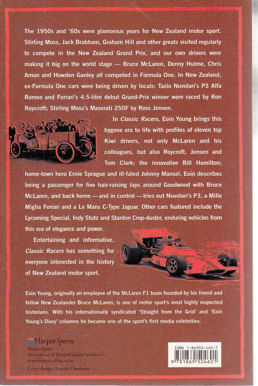 Racing history book back cover with red race car illustration and summary text
