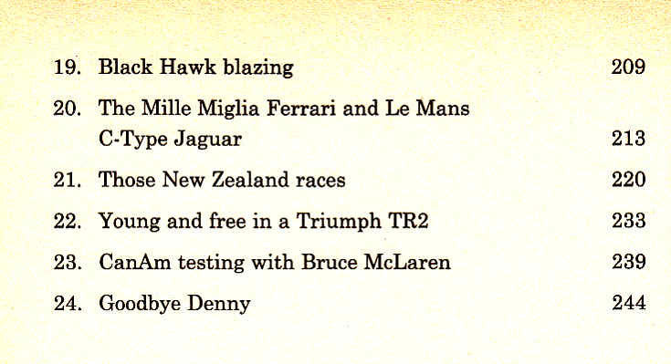 Racing history book contents page with chapter titles and page numbers
