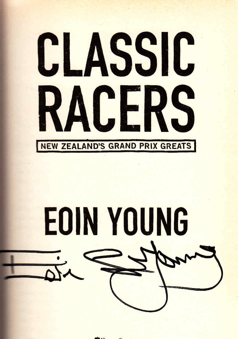 Racing history book front cover with title lettering and Eoin Young signature