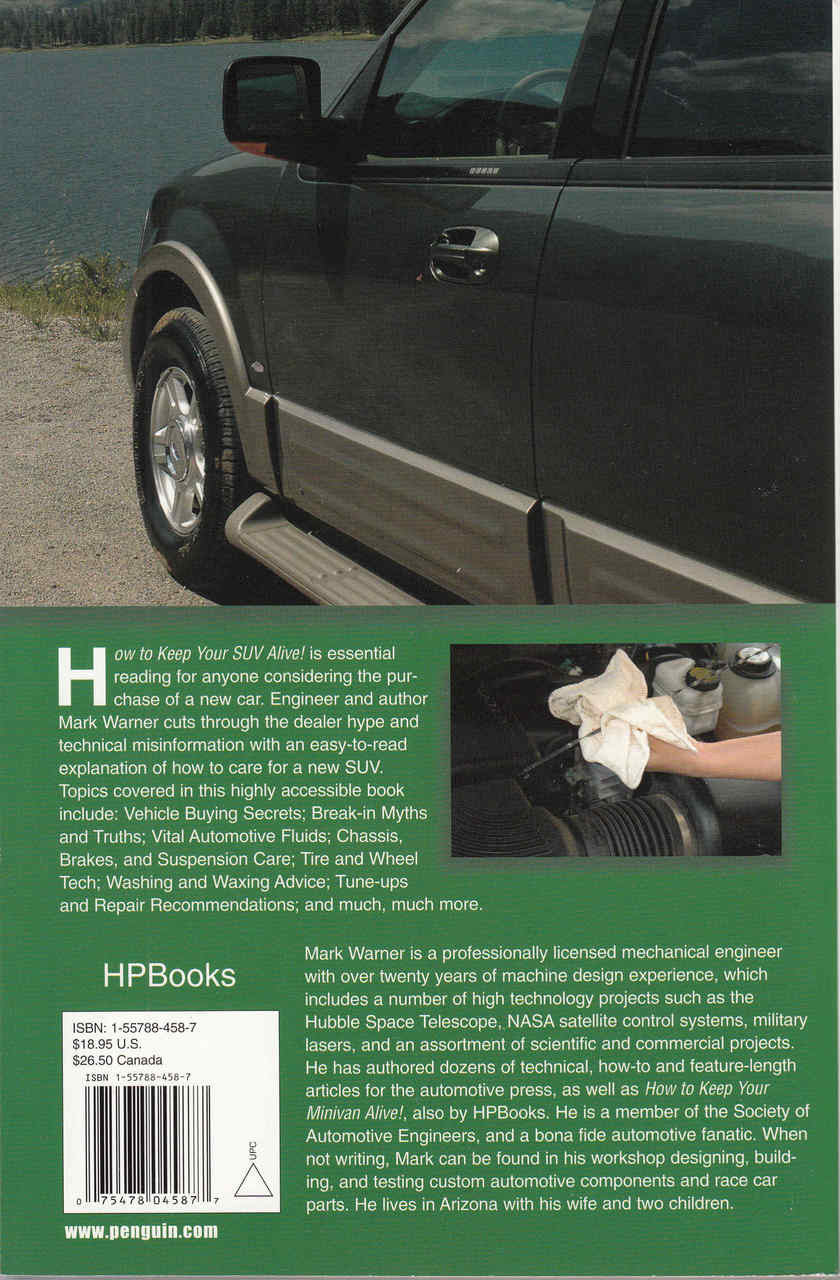 Back cover of SUV maintenance book with a dark SUV front-quarter photo