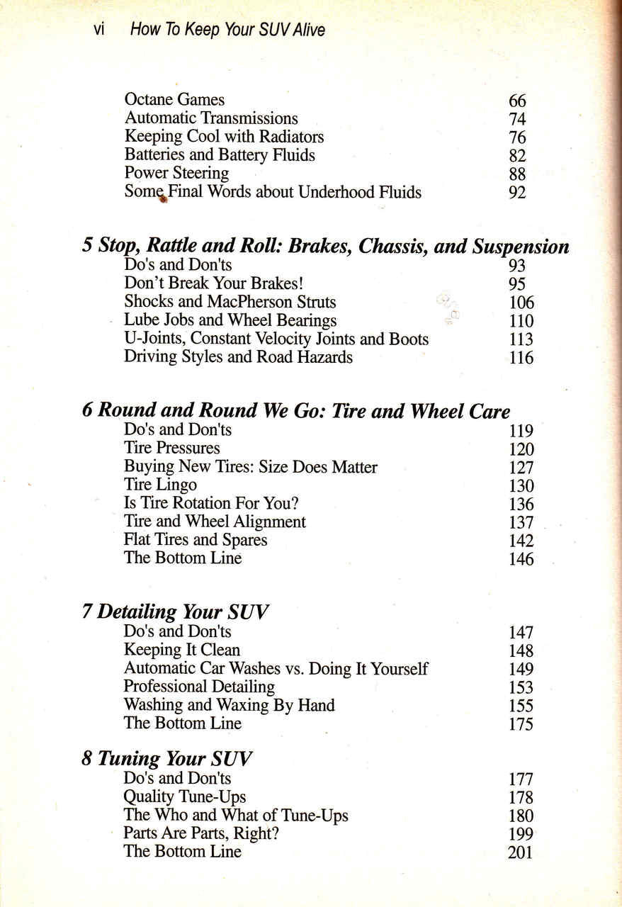 Book contents page listing chapters 5–8: brakes, tire care, detailing, and tuning your SUV
