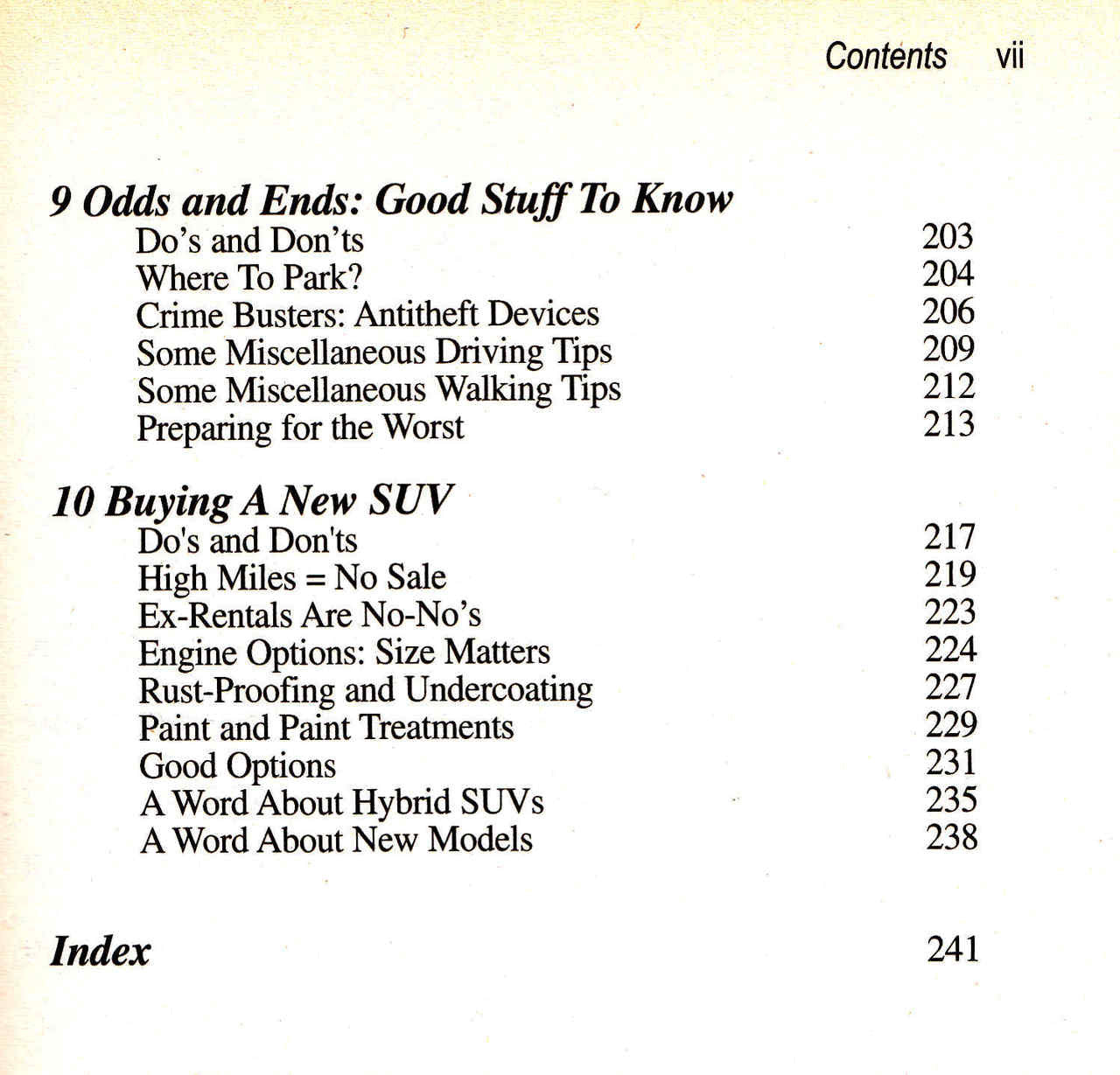 Book contents page with SUV maintenance chapters like buying a new SUV and preparing for the worst